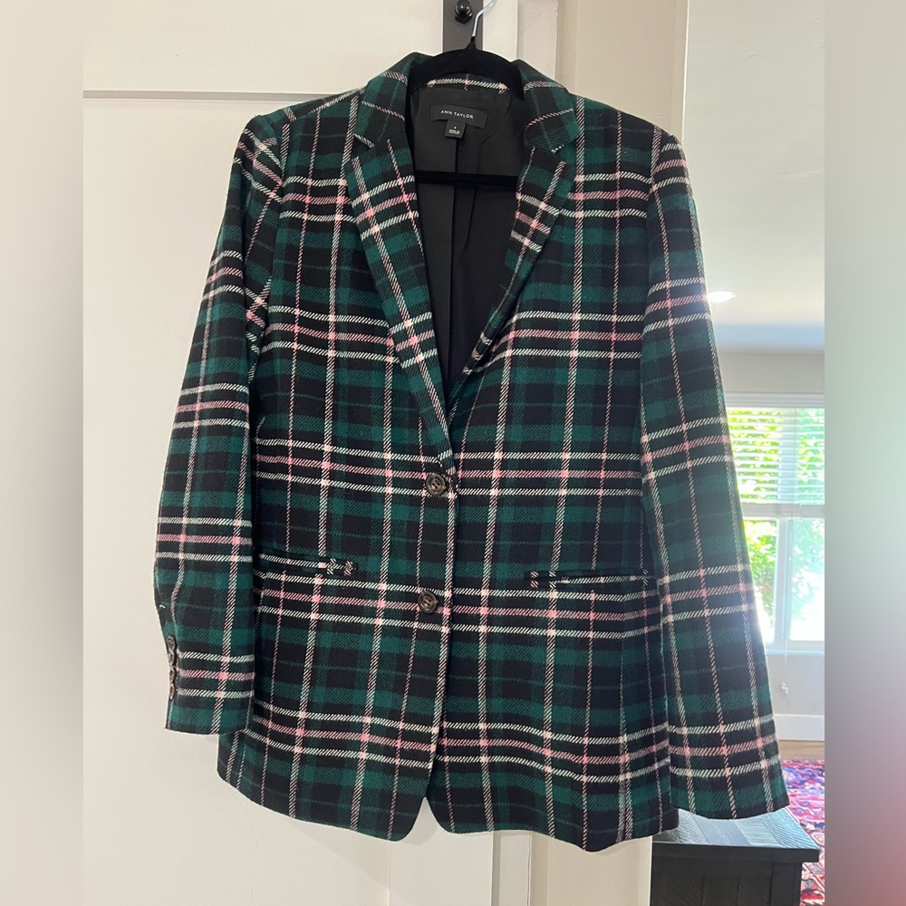 Ann Taylor Greenwich Green and Pink Plaid Blazer